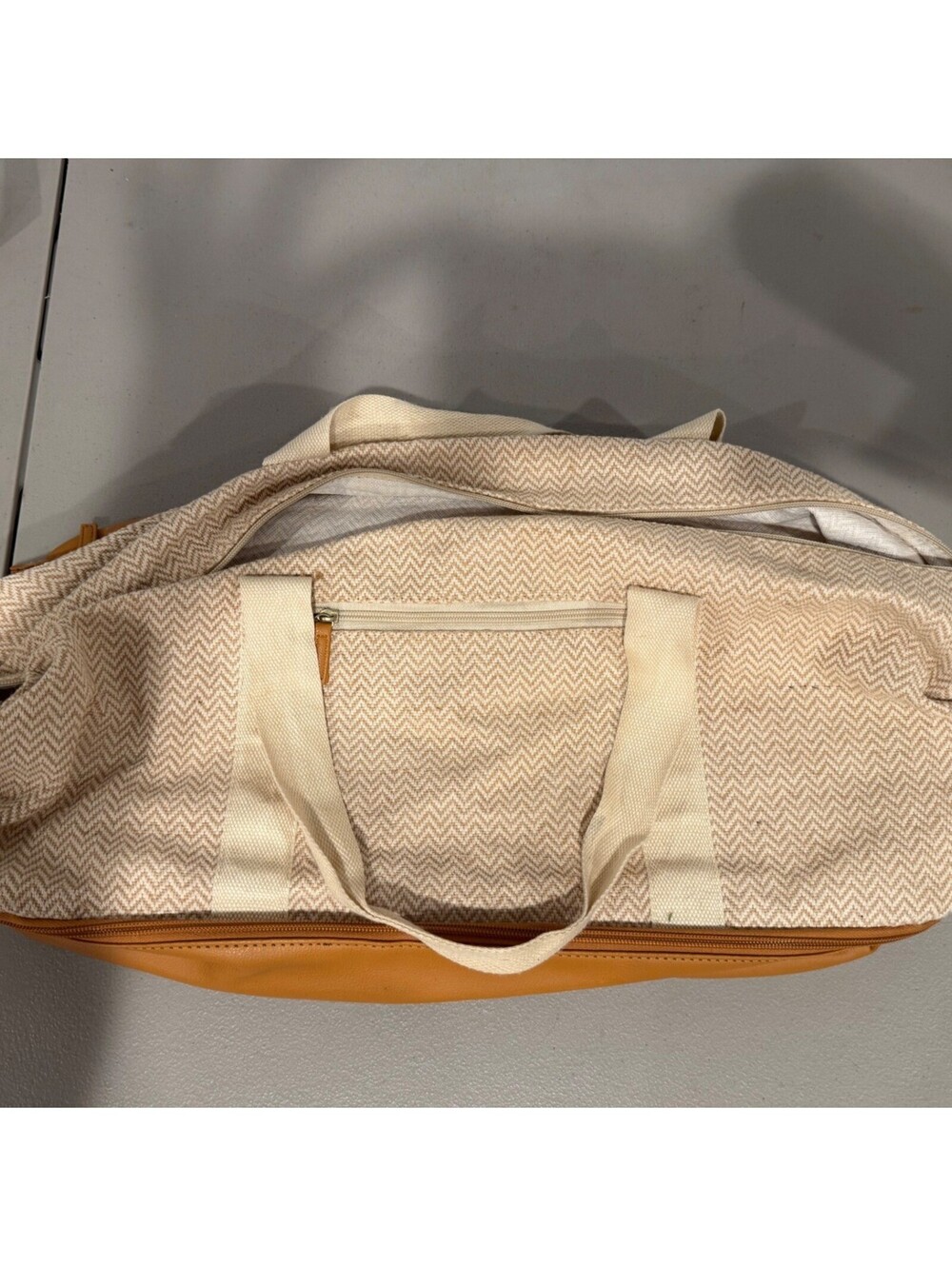 DSW Beige Canvas and Tan Leather Tote Bag